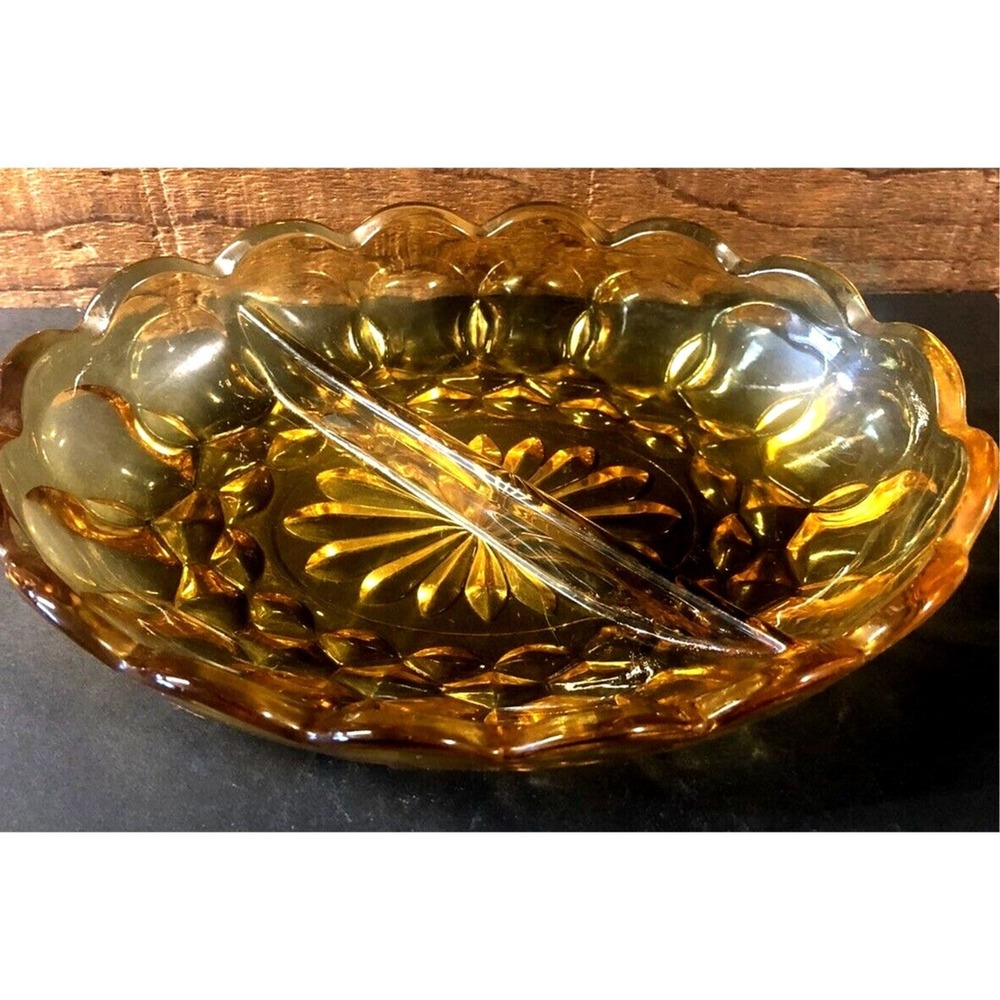 Amber Glass Anchor Hocking Fairfield Divided Oval Relish Dish Candy Nut Bowl VTG